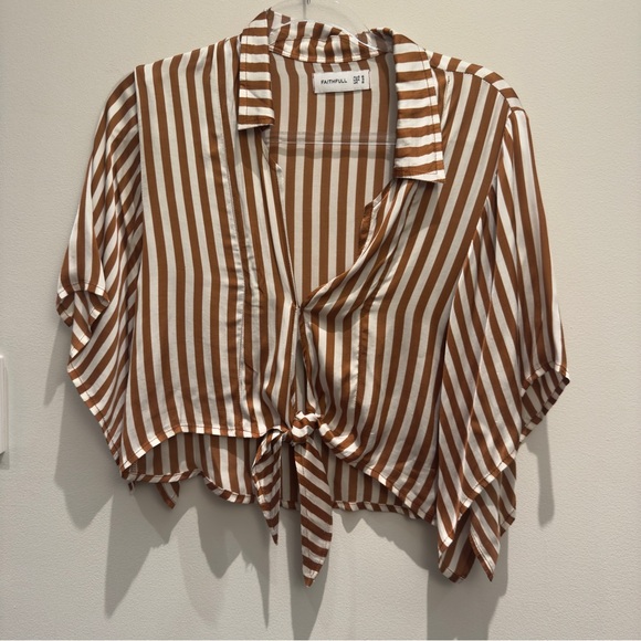 Faithfull the Brand Tops - Faithfull Striped Brown and Cream Tie Crop Top Size 4